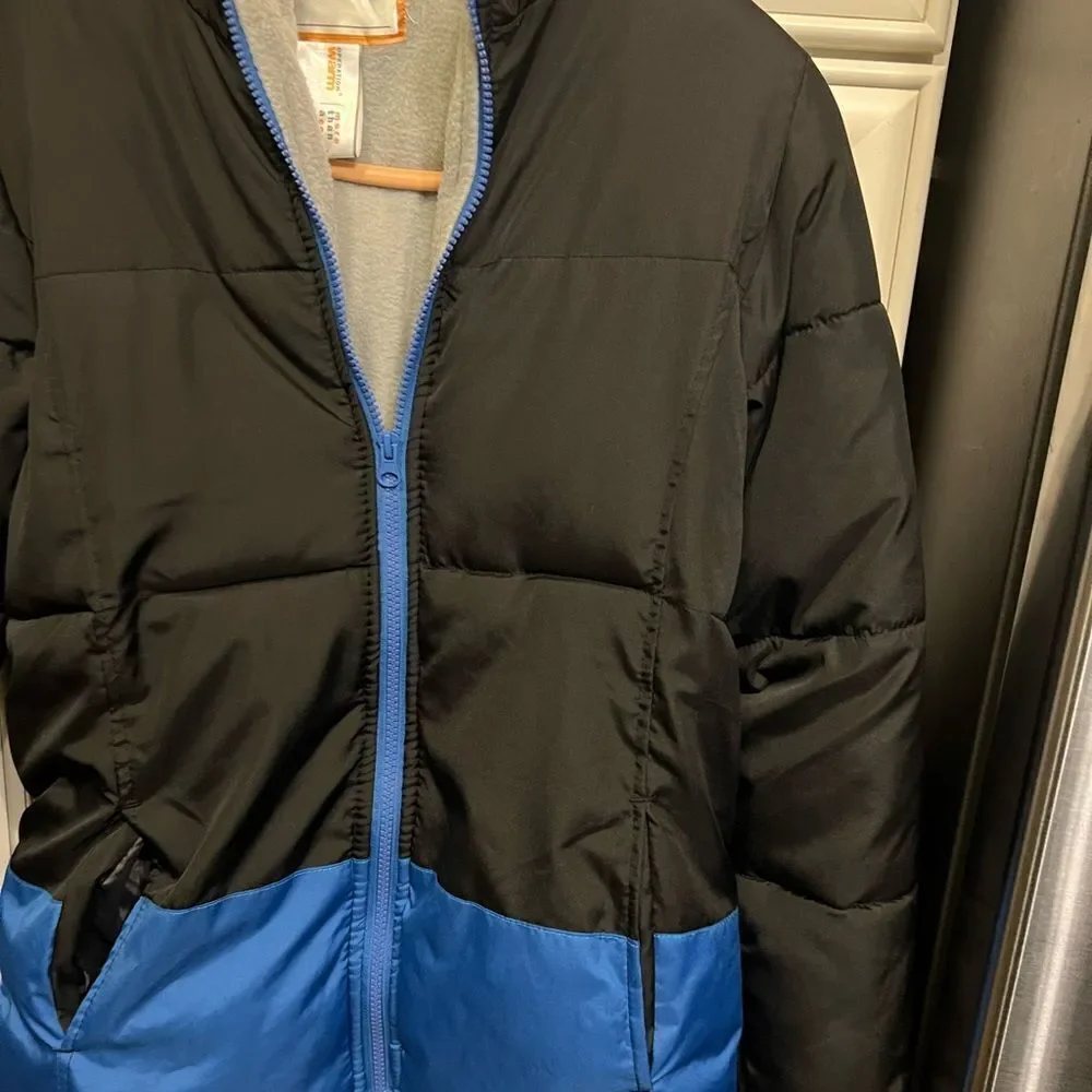Operation Warm Boys Puffer Parka Coat Fleece Hood Jacket Black Blue 14 16 XL EUC